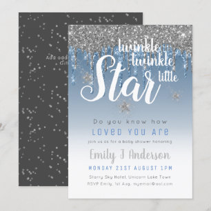 Convite Twinkle Star Blue Silver Drivers Glitter Baby BOY