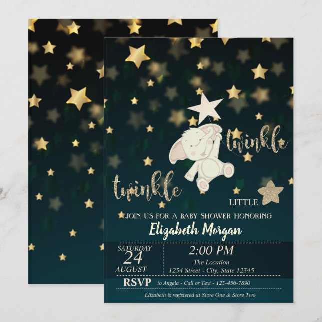 Convite Twinkle Star Preto, Dourado, Chá de Bebê Urso (Frente/Verso)