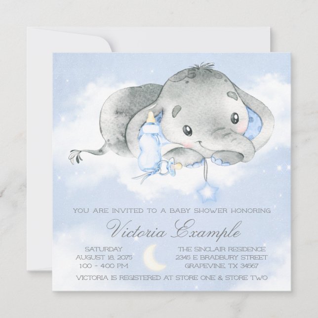 Convite Twinkle Twinkle Bebê Menino Elefante Chá de Bebê (Frente)