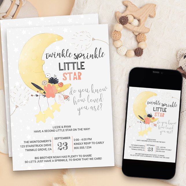 Convite Twinkle Twinkle Floral Lua Baby Sprinkle (Twinkle twinkle little star baby sprinkle invitation)