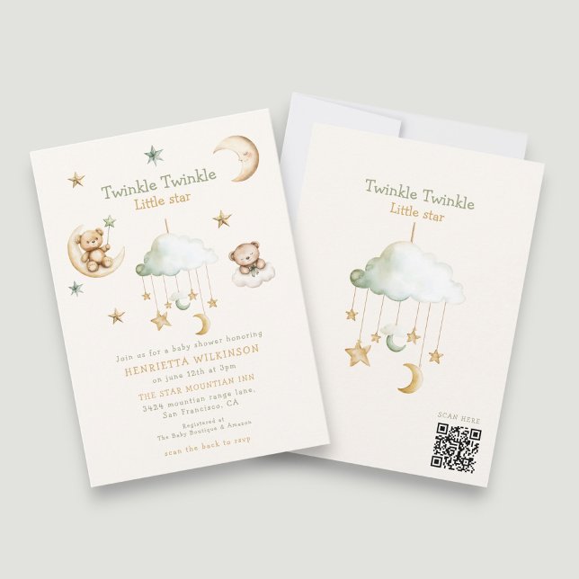 Convite Twinkle Twinkle Little Star Bear Moon Baby Shower  (Criador carregado)