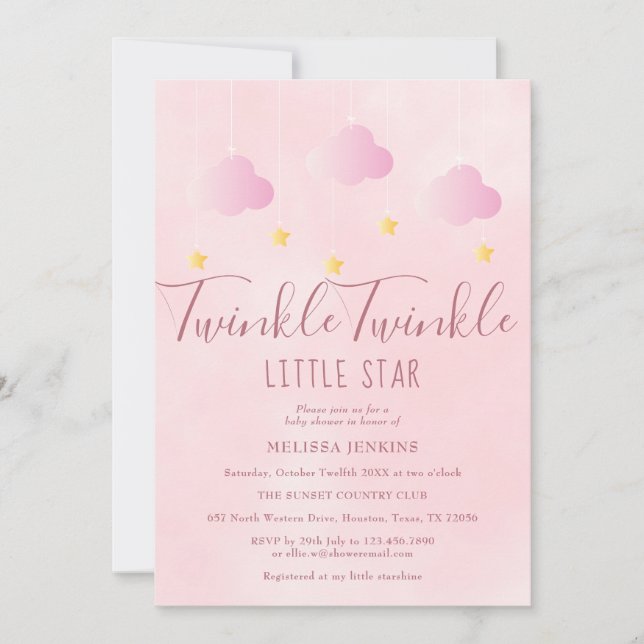 Convite Twinkle Twinkle Little Star Chá de Bebê Menina Ros (Frente)
