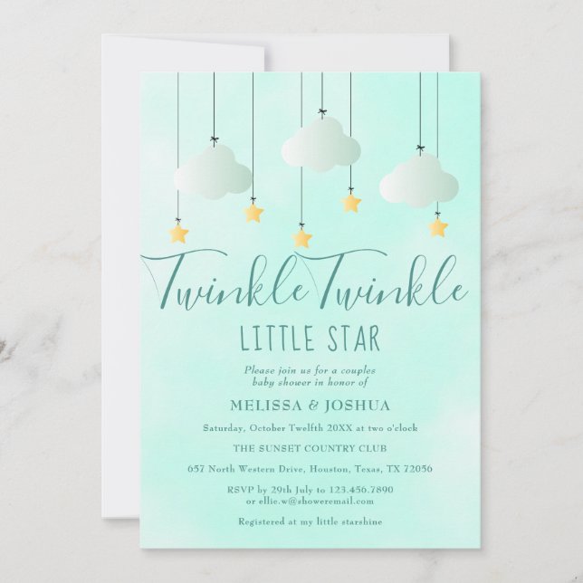 Convite Twinkle Twinkle Little Star Chuvada de Bebê Neutra (Frente)