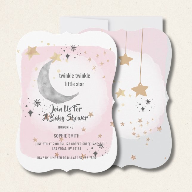 Convite Twinkle Twinkle Little Star Pink Watercolor (Criador carregado)