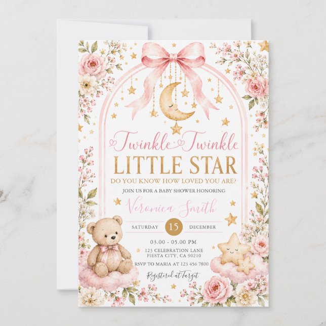 Convite Twinkle Twinkle Little Star Urso da Lua Chuva de B (Frente)