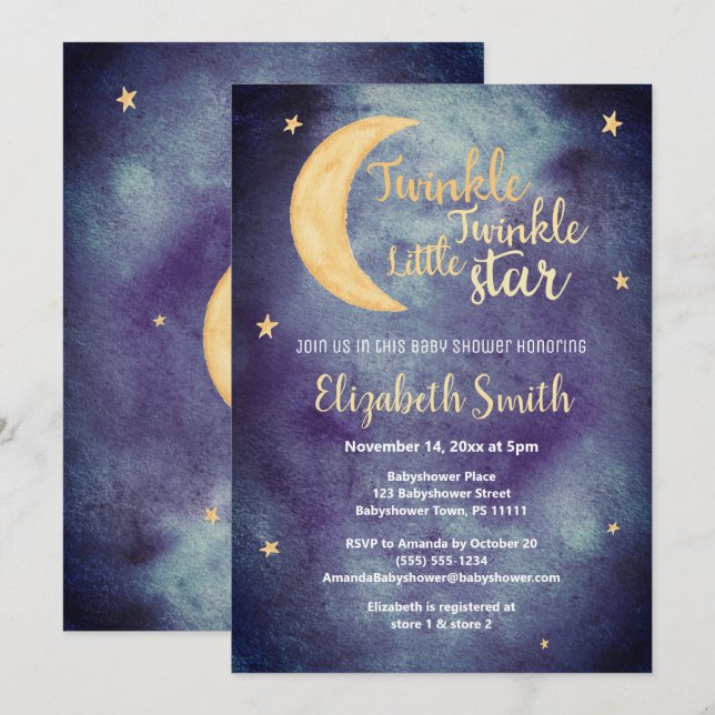 Convite Twinkle Twinkle little star watercolor babyshower (Frente/Verso)