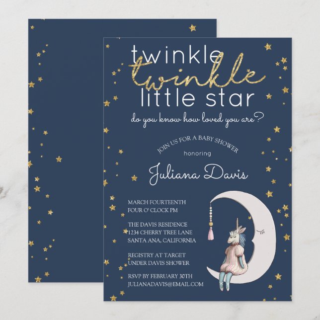 Convite Twinkle Twinkle - Pequena Chá de fraldas de Estrel (Frente/Verso)