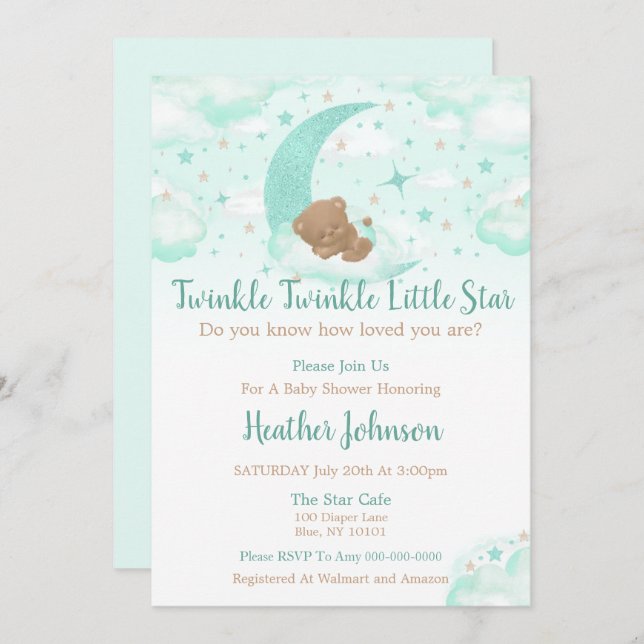 Convite Twinkle Twinkle Pequena Chá de fraldas do Urso Est (Frente/Verso)