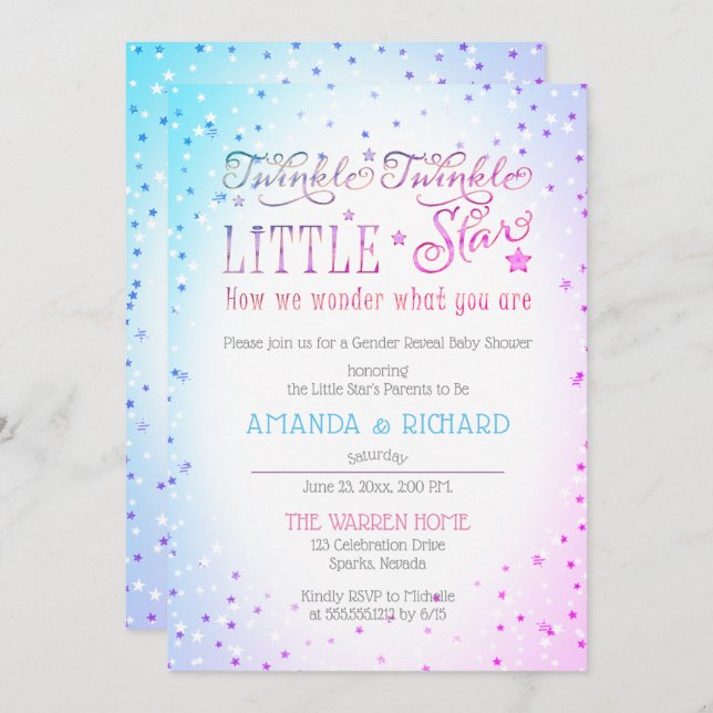 Convite Twinkle Twinkle Pequena Chá de Revolução de Gênero (Frente/Verso)