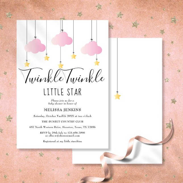 Convite Twinkle Twinkle Pequena Chá Rosa Estrela (Twinkle Twinkle Little Star Pink Baby Girl Shower Invitation)