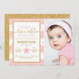 Convite Twinkle Twinkle Rosa e Dourada Foto de Aniversário