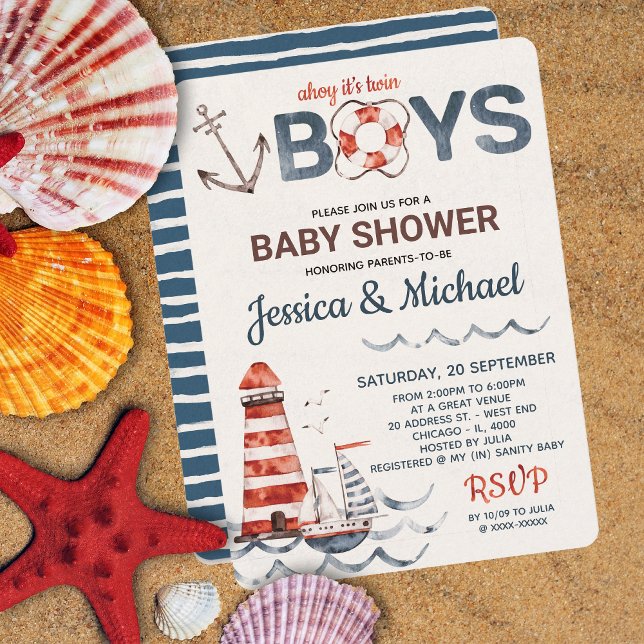 Convite Twins Ahoy It's A Boy Nautical Baby Shower (Criador carregado)