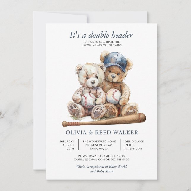 Convite Twins Baseball Double Header Bear Baby Shower (Frente)