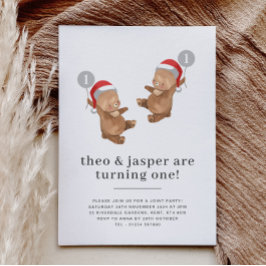 Convite Twins Bear Balão Santa Hat Primeiro Aniversário