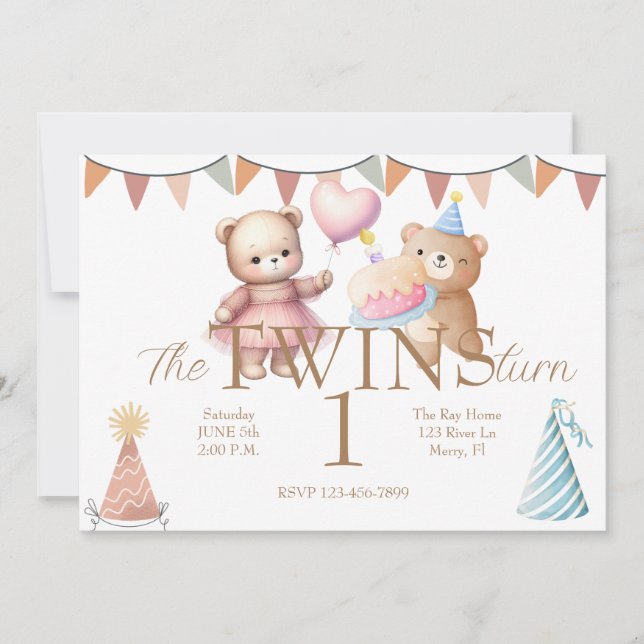 Convite Twins Bear y Primeiro Aniversário (Frente)