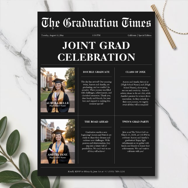 Convite Twins Black Newspaper Joint Graduation Foto (Criador carregado)