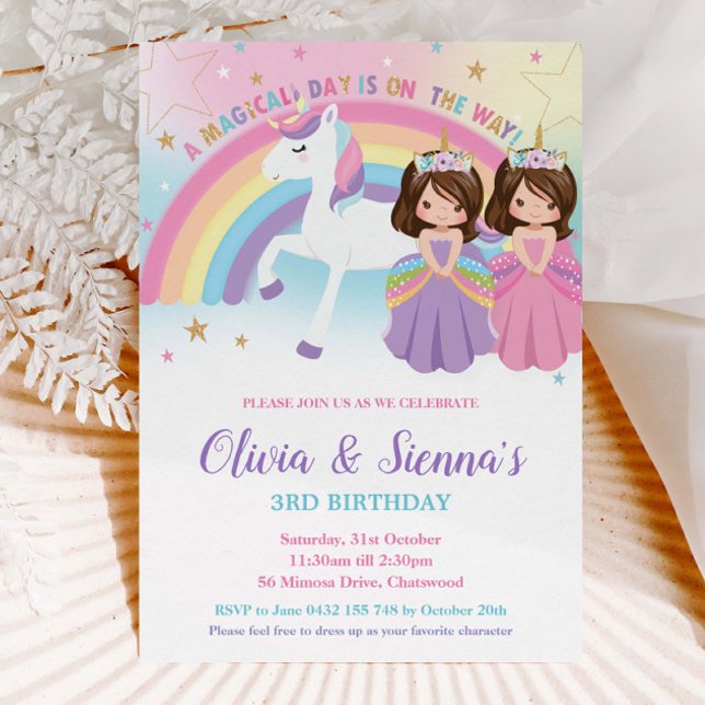 Convite Twins Brunette Princesses e Unicorn Aniversário (Criador carregado)