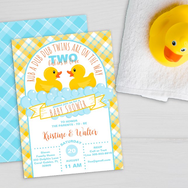 Convite Twins, Chá de fraldas de Pato de Borracha - Gênero (gender neutral rubber duck bubbles baby shower invitation for twins)