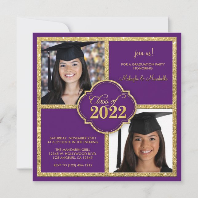 Convite Twins Elegant Black & Purple Glitter Class of 2022 (Frente)