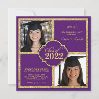 Convite Twins Elegant Black & Purple Glitter Class of 2022