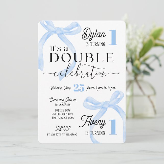 Convite Twins Join Birthday Blue Coquette (Em pé/Frente)