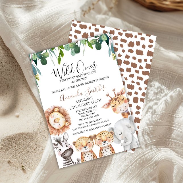 Convite Twins Leopardos Selvagens Chá de fraldas Safari (Twins Safari Baby Shower Invitation, Twin Boys Safari Baby Shower Invitation, Wild One On The Way)