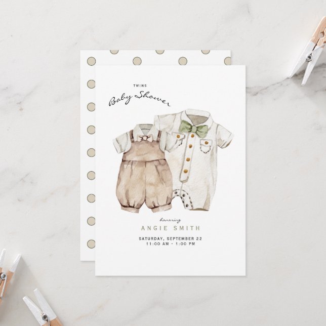 Convite Twins Meninos Fofos Fofos Fofos Chás de fraldas Co (Frente/Verso In Situ)