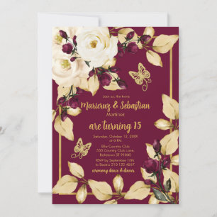 Convite Twins Quinceañera Burgundy Champagne e Dourado