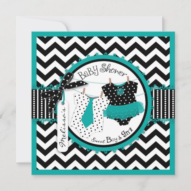 Convite Twins Tie Tutu Chevron Baby Shower (Frente)