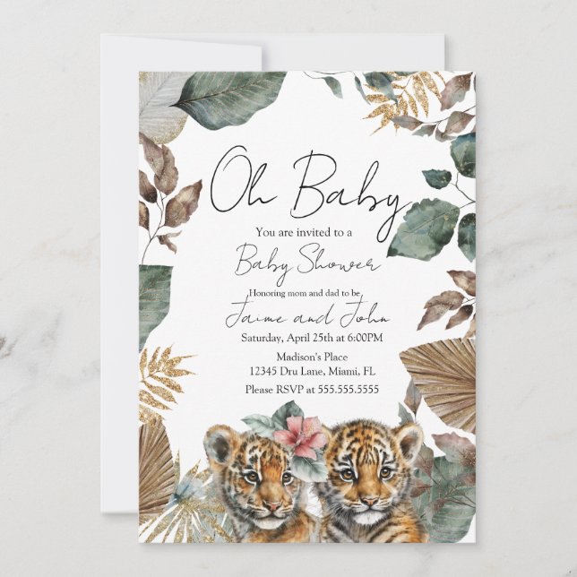 Convite Twins Tiger Jungle Wild Details Baby Shower (Frente)
