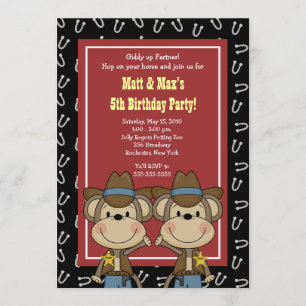 Convite TWINS Twin Boys Western Cowboy Monkey 5x7 Anivers