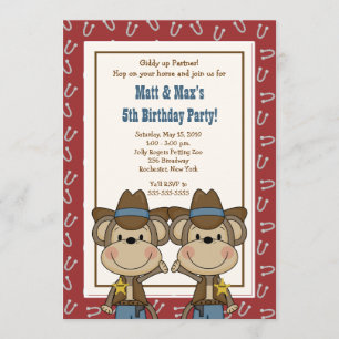 Convite TWINS Twin Boys Western Cowboy Monkey 5x7 Anivers