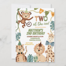 TWO at the zoo boy birthday invitation