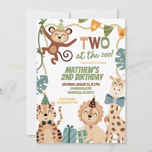 Convite TWO at the zoo boy birthday invitation (Frente)