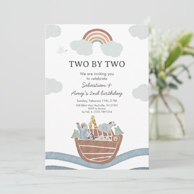 Convite Two by Two Noahs Ark Twin Birthday (Em pé/Frente)