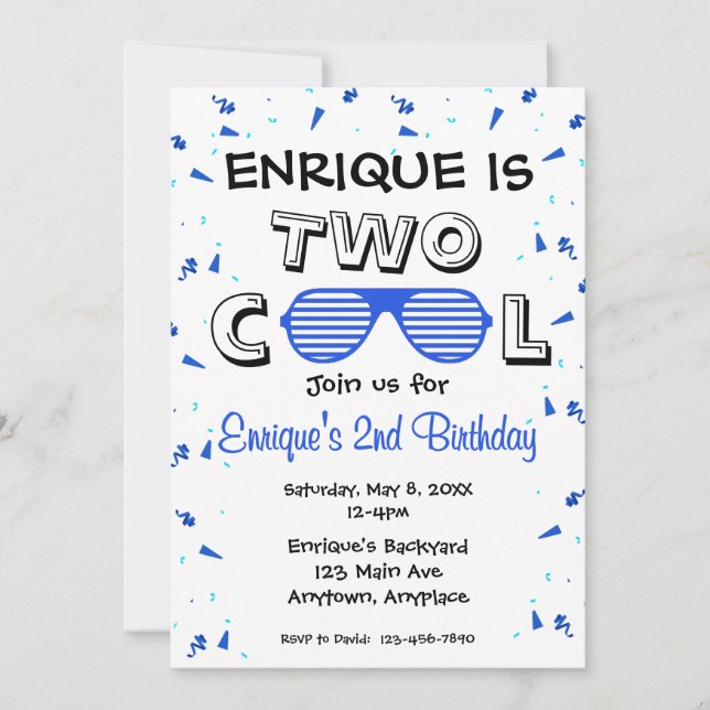 Convite TWO Cool Sunglass 2nd Birthday Party (Frente)