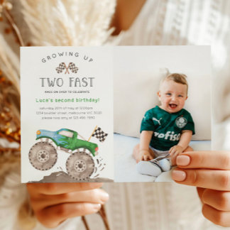 Convite Two Fast Green Monster Truck Birthday Photo