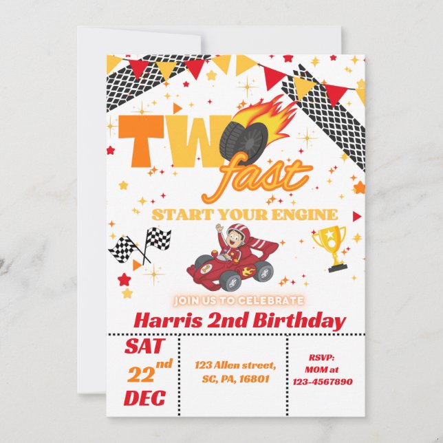 Convite Two Fast Race Car 2nd Birthday Party Invitation (Frente)