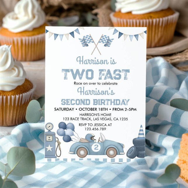 Convite Two Fast Race Car Blue Boy Birthday Party (Criador carregado)