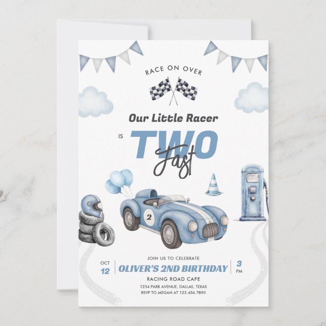 Convite Two Fast Race Car Boy 2nd Birthday Invitation (Frente)