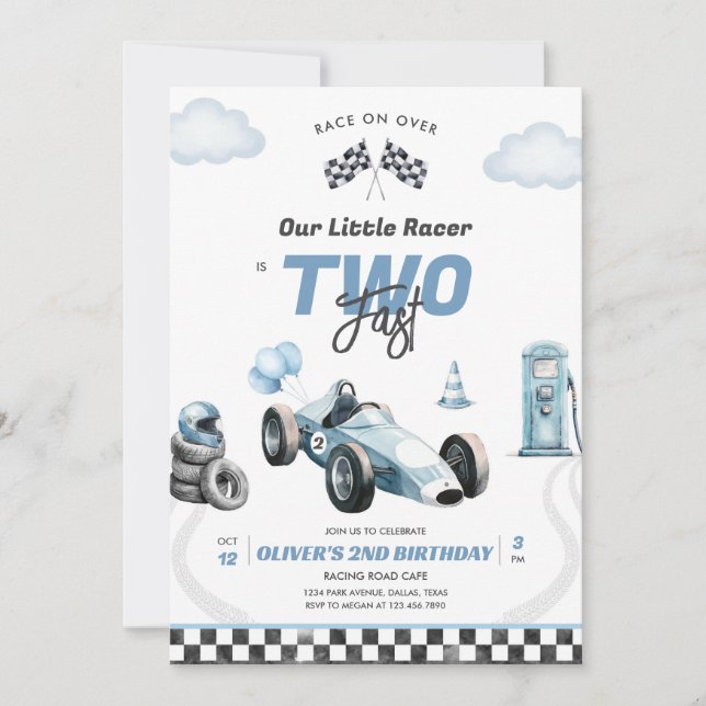 Convite Two Fast Race Car Boy 2nd Birthday Invitation (Frente)