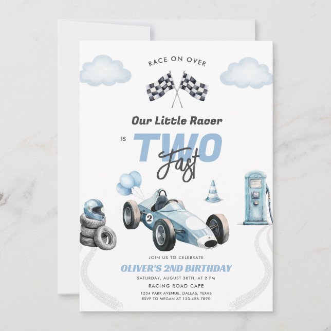 Convite Two Fast Race Car Boy 2nd Birthday Invitation (Frente)