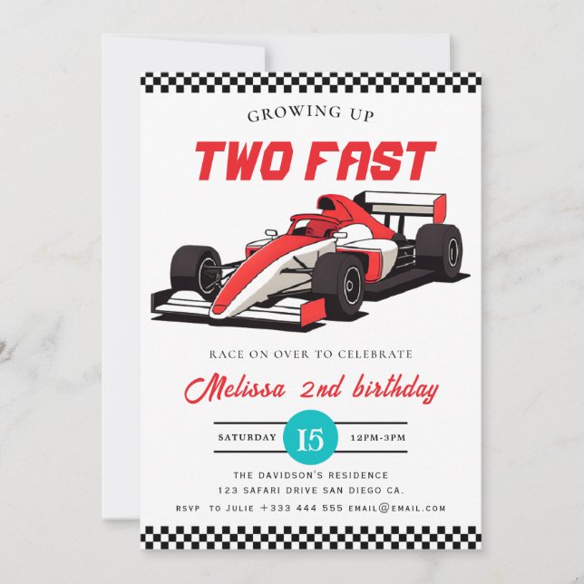 Convite Two Fast Race Car Boy 2nd Birthday Party  (Frente)