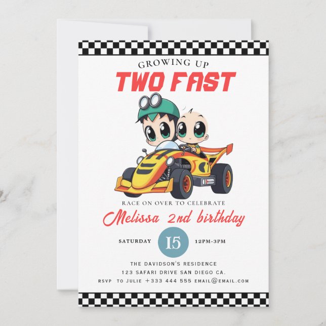 Convite Two Fast Race Car Boy 2nd Birthday Party (Frente)