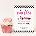 Convite Two Fast Race Car Girl 2nd Birthday Party<br><div class="desc">Cute race car theme kid's 2nd birthday party invitation card featuring illustration of a pink vintage car with flames. The text says "growing up two fast.</div>