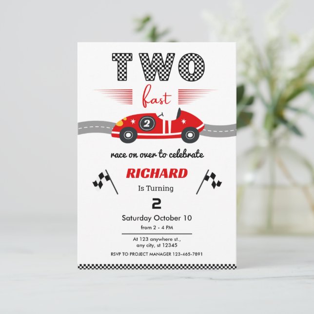Convite Two Fast Red Race Car 2nd Birthday °Race (Em pé/Frente)