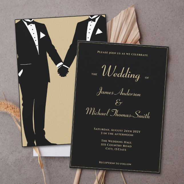 Convite Two Grooms Elegant Black Gold Tuxedo Wedding (Criador carregado)