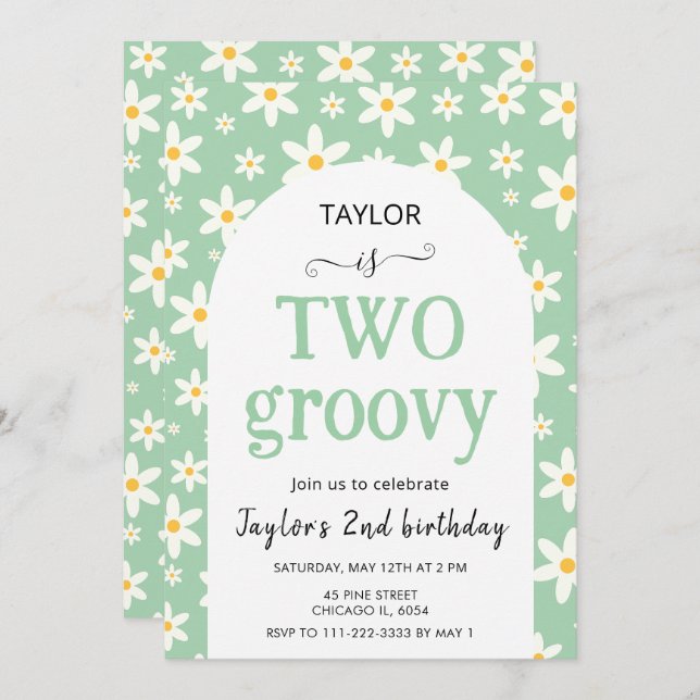 Convite TWO groovy Mint Green Daisy 2nd Birthday (Frente/Verso)