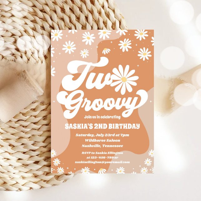 Convite Two Groovy Retro Daisy 2nd Birthday Invitation (Criador carregado)