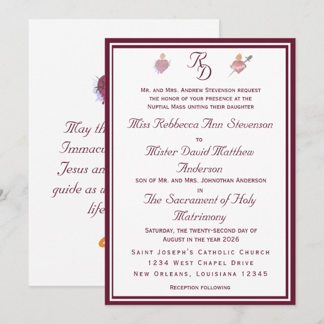 Convite Two Hearts Burgundy Catholic Wedding Invitation (Frente/Verso)